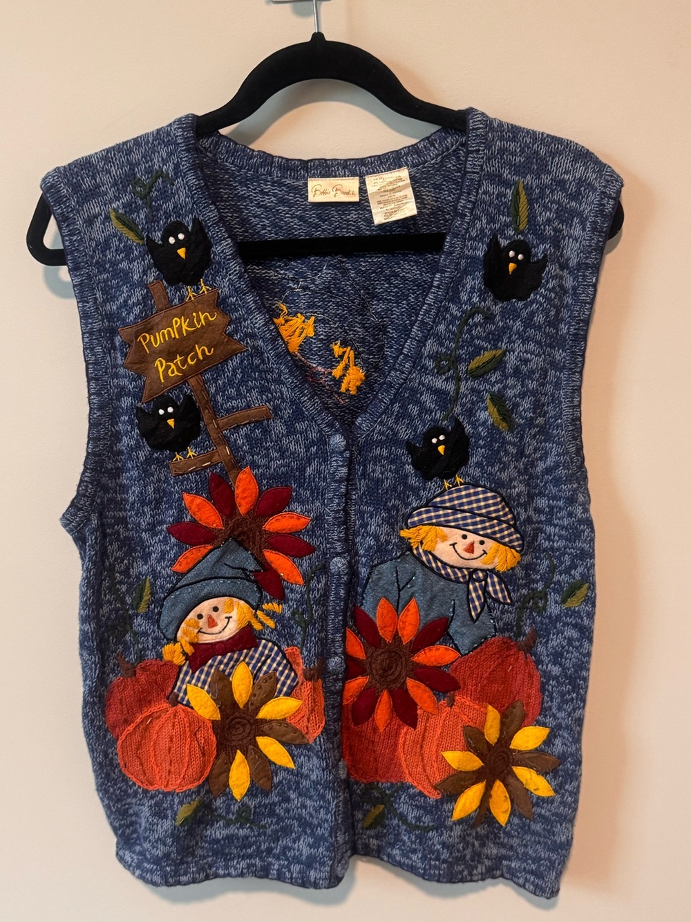 Bobbie Brooks Vintage Whimsical Scarecrow & Sunflower Autumnal Knit Cardigan